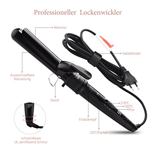 Lockenstab, HoLife 5-in-1 Austauschbare Lockenwickler 9-32mm für Große Kleine Locken mit Keramikbeschichtung, Schminktisch-schützenden Stahl-Stabständer, Anti-Hitzehandschuh(mit 5 Haar Clips, Schwarz) - 2