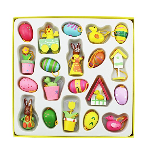 COM-FOUR® Deko- & Geschenk-Set für Ostern 20 Deko-Anhänger aus Holz mit verschiedenen Oster-Motiven für den Osterstrauch