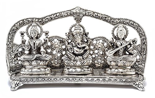 Crafticia Metal Lord Laxmi Ganesh Saraswati Idol Statue with Frame Decoration Pooja Showpiece (10X6 inch, Silver)