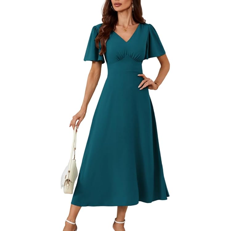 Awemeal Elegante zomerjurk voor dames, V-hals, korte mouwen, lange zomerjurk, boho, bloemetjesjurk met riem, ruches, zoom, wikkeljurk, strandjurk, A-lijn, zwierige maxi-jurk, Bloem Roze, L