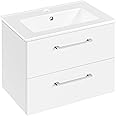 Yaheetech Space Saving Bathroom Vanity Unit with Ceramic Basin, Wall Mount Bathroom Vanity Cabinet with 2 Drawers, Bathroom Vanity with Sink Cabinet, 610mm, White