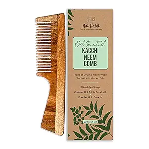 Nat Habit Kacchi Neem Comb, Wooden Comb | Hair Growth, Hairfall, Dandruff Control | Hair Straightening, Frizz Control | Comb for Men, Women | Treated with Neem Oil, Bhringraj & 17 Herbs (Fine Tooth)