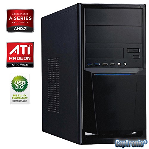 Captronic® (A4-4020-2GB-HD7480D-1TB) DualCore Silent Office PC Front USB 3.0 AMD A4-4020 2x 3,20GHz (Turbo bis 3400MHz) | KINGSTON 2GB DDR3-1600 | 24x DVD-Brenner | 1000GB HDD SATA3 | ATI Radeon HD 7480 2GB HDMI/DVI/VGA | CardReader | 7.1 Sound | GigabitLAN | Design Gehäuse Schwarz