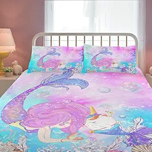 ZOEO Girls Mermaid Unicorn Magic Cat Bed Sheets Sets Cartoon Bedspreads Cute Duvet Cover Bedding Set (Blue Pink, Twin), 3 Pieces