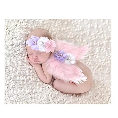 Tinksky Photo Prop tenue bébé fille ange plume aile Costume mousseline de soie avec bandeau nouveau-né Photo Prop Costume (rose)