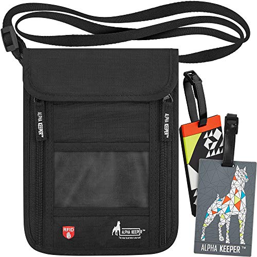 Portadocumentos Viaje con Banda para el Cuello y Bloqueo RFID - Organizador de Documentos con Funda Pasaporte para Hombre y Mujer - Incluye 2 Etiquetas para Equipaje [Nuevo Modelo 2019]