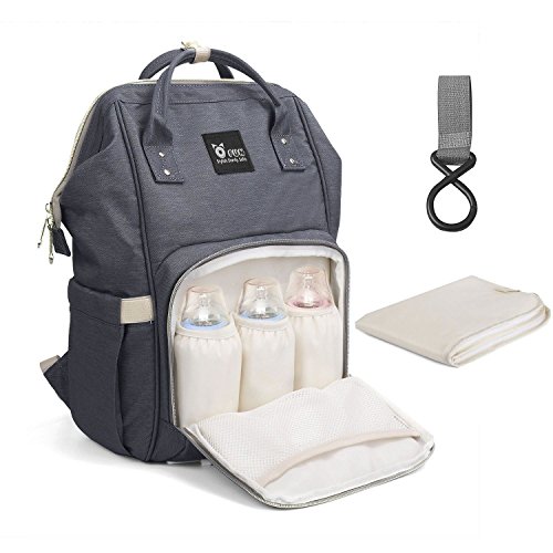 Preisvergleich Produktbild OFUN Wickeltasche Rucksack, Reisen Rucksack ,Multifunktions Großraum wasserdichte Baby wickeln Rucksack Mamma Beutel Rucksack für 3 Flaschen und Kinderwagenhaken mit Kinderwagen Befestigungshaken mit Wickelunterlage Grau