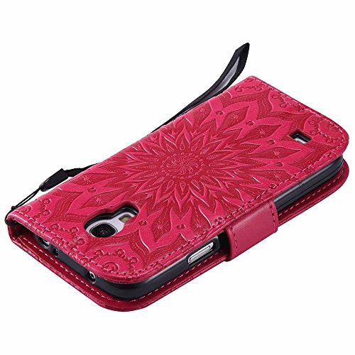 Galaxy S4 Mini Hülle, Dfly Premium Slim PU Leder Mandala Blume prägung Muster Flip Hülle Bookstyle Stand Slot Schutzhülle Tasche Wallet Case für Samsung Galaxy S4 Mini i9190, Rot - 8