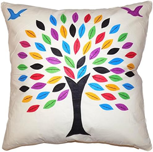 Tree of Life Cushion Cover 24x24" Inch 60x60cm (U1431) Off White Cotton Multi Colour Felt Patchwork Square Decorative Pillow Case Covers Bird Floral Hand Crafted