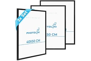 PHOTOLINI Cornici 40x50 cm nero legno MDF, set di 3 cornici per poster, plexiglass infrangibile, da parete, accessori extra inclusi - per foto, immagini e poster