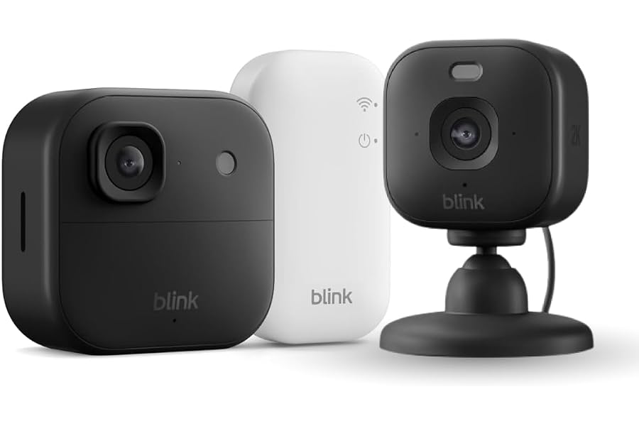 Blink Outdoor 2K+ Kamera mit Blink Mini 2K+ Innenkamera (neueste Generation), Schwarz, inkl. Sync Module Core