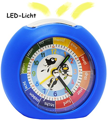 Preisvergleich Produktbild LED Licht - Kinderwecker - Analog - " lustige Vögel - blau " - Lernwecker - + -1 Minuten Schritten Anzeiger - Lernzifferblatt - für Kinder / großer analoger Wecker & Lern Uhr - Uhrzeit lernen - Alarm Kunststoff / Plastik - Mädchen & Jungen - Lichtwecker - Kinderuhr - Tischuhr / Tiere Lernuhr