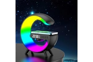 Fiorky Lampe d'ambiance Réveil LED avec chargeur sans fil, haut-parleur Bluetooth en forme de G avec réveil lumineux, lampe d'ambiance réveil pour chambre d'enfant et adulte