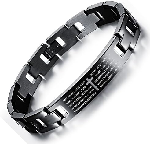 UM Jewellery Mens Stainless Steel Spanish Cross Bible Lord's Prayer Bracelet Black