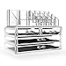 Savisto Premium Crystal Makeup Organiser with 20 Storage Sections 4 Drawers & Brush Display Stand for Make Up Accessories, Cosmetics & Jewellery