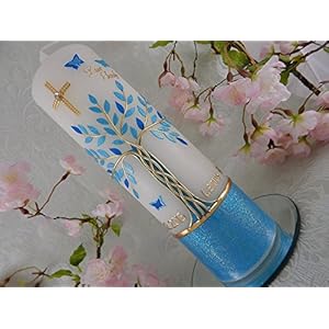 Taufkerze Lebensbaum blau gold Wachs handmade Taufkerzen für Jungen 250/70 mm mit Name und Datum