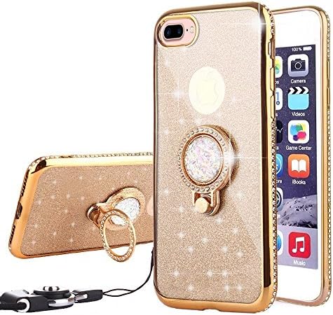 iPhone 8 Plus Case, SENCEE Cute Glitter Phone Case with Lanyard &amp; Stand, Bling Diamond Rhinestone Bumper with Ring Kickstand Soft Protective Sparkly for Girl Women Cover Case for iPhone 8 Plus (Gold)