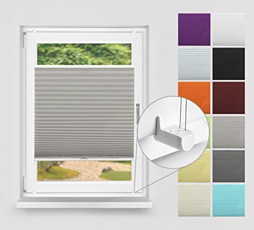 ROLLMAYER Plissee Jalousie Plissee-rollo OHNE BOHREN (Grau, B95cm x H100cm) Easyfix Verspannt KLEMMFIX Montage | Farbe & Größe wählbar | Faltrollo Klemmträgern für Fenster / Balkontür | Sonnenschutzrollo & Seitenzugrollo Faltrollo