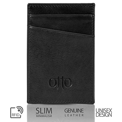 Cartera Otto Angelino con Tarjetero de Cuero Genuino Delgado para Hombres - Múltiples Ranuras para Tarjetas de Crédito, Tarjetas Débito, de Banco y de Negocios, Bloqueo DE RFID (Negro)
