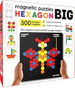 Play Poco Magnetic Puzzles Jumbo Hexagon - Includes 300 Big Magnets, 200 Puzzles, Big Magnetic Board and 2 in 1 Display Stand - for Boys and Girls, Red, PC017