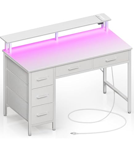 COSTWAY Bureau met laadstation, kleine computertafel met toetsenbordlade, lade & verstelbaar rek, moderne kantoortafel, pc-tafel voor slaapkamer, kantoor, wit, 105 x 55 x 89 cm