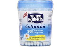 Neutro Roberts, Baumwolle mit hygienischer Box, weiche und 100% biologisch abbaubare Wattestäbchen mit Stiel aus Karton, geeignet für Kinder – Packung mit 100 Stück