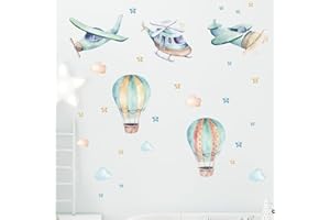 Fufuquare Adesivi da Parete Aerei e Palloncini a Caldo Colorati in Cartone Adesivi Murali in Vinile Rimuovibili con Nuvole e Stelle per Stanze Bambini Asilo Nido Classe