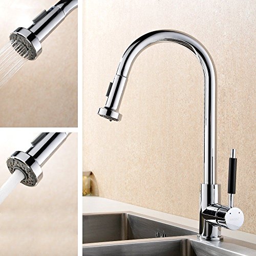 Küchenarmatur herausziehbarer Geschirrbrause 2 Strahlarten Hochdruck Hoher Auslauf 360°Schwenkbereich aus Messing verchromt Armatur Küche - 2