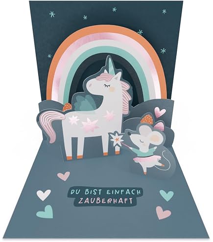 Pop Up 3D Geburtstagskarte – Schneekugel Mit Einhorn, 9x13 Cm, Inkl. Umschlag, Mit Glitzer & Personalisierbarer Notizkarte