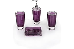 Fingey Modern Design 4 Piece Bathroom Accessory Set, Soap Dish, Tooth Brush Holder, Soap Dispenser, Rinse Cup (Purple)