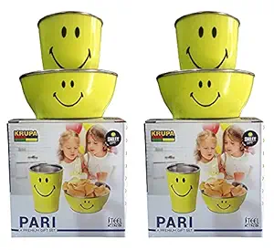 Perpetual Bliss 2 Set Fancy Stainless Steel Smiley Glass with Bowl for Kids-Shakes-Juices-Coffee-Birthday Return Gifts (Set of 2)