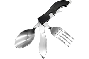 YEHUIMEI 1 Artículo Cubiertos de camping,Cubiertos plegables,Juego de cubiertos de camping plegables 4 en 1: Tenedor, cuchara, abrelatas y abrebotellas de acero inoxidable-Negro