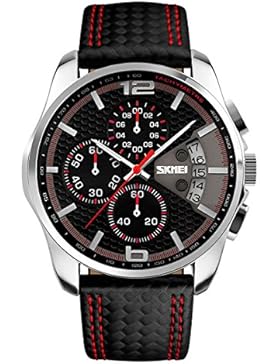 voeons Herren-Uhren Chronograph Schwarz Leder Quarz Sports Casual Armbanduhr 9106