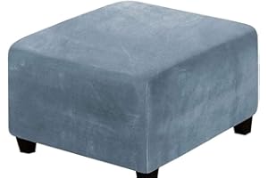 SWJ-SWJSSB Stretch Ottoman Slipcover,Square Velvet Footstool Cover Large Brown Grey Black Footrest Pouffe Protector Covers With Elastic Bottom Washable Super Soft Universal Slipcovers(Grey Blue,40x40 cm)