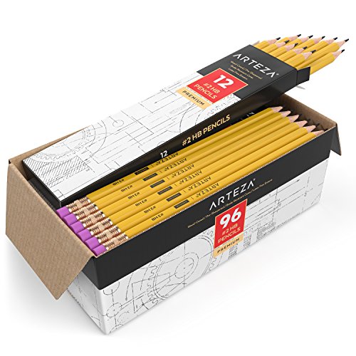 Caja de lápices con goma de borrar Arteza - Pack de 96 lapiceros de madera preafilados del nº2 (2 HB) con borrador libre de látex