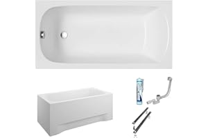 ECOLAM Baignoire rectangle acrylique Classic 120x70/ 130x70/ 140x70/ 150x70/ 160x70/ 170x70 cm cadre siphon et silicone panneau (130x70)