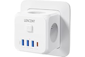 LENCENT Multiprise, 7 en 1 Murale Prise avec Multiple Secteur USB, Cube Chargeur avec 3 Sorties AC 4000W, Interrupteur, Idéal pour Salon, Bureau, Chambre (1 Type C et 3 USB A)