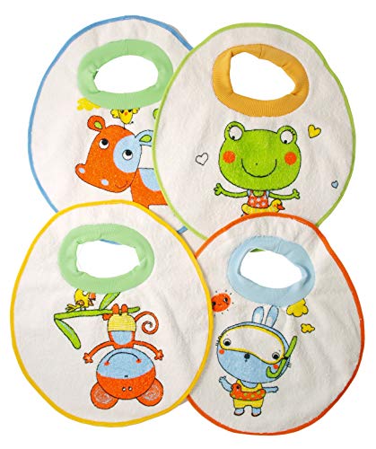 Ti TIN Pack 4 Baberos Impermeables para Bebés de Más de 1 año con Cuello de Goma Elástica | Babero con Toalla de Rizo Forrado con Plástico Compuesto de 90% Algodón y 10% Poliéster, 32x36 cm