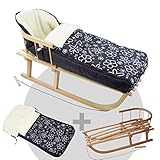 a) Holzschlitten inklusive Rückenlehne und Zugseil + b) Winterfußsack aus Lammwolle