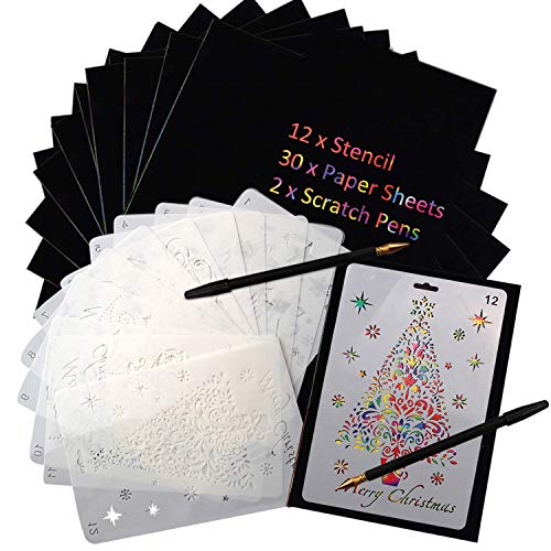 Preisvergleich Produktbild Kratzpapier Regenbogen,12PCS Weihnachtszeichnungsschablonen + 30PCS Papierblätter + 2 STÜCKE Doppelkopfstifte Regenbogen-Kratzer Sketch Art Tool Kit für Kinder Jungen Mädchen