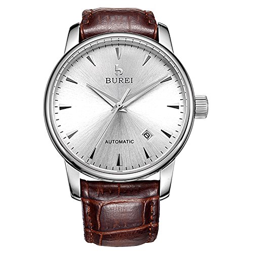 Burei Elegante Automatische Herren Uhr mit silbernen Ziffernblatt Saphirglass und Braunen Lederarmband Burei Elegante Automatische Herren Uhr mit silbernen Ziffernblatt Saphirglass und Braunen Lederarmband
