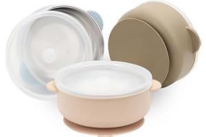 MOJINL 3 Stück Edelstahl Baby Schüssel mit Saugnapf und Deckel, Edelstahl Baby Breischale für Babys Kinder Kleinkinder, Rutschfest Kinderschüssel für Brei und Snacks, BPA-Frei, Spülmaschinenfest