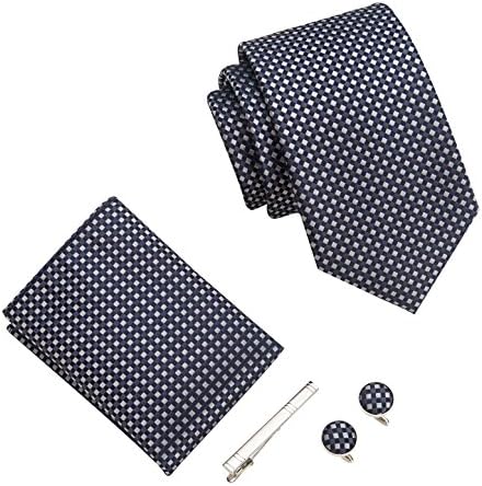Men tie, Handkerchief, stickpin and Cufflinks fashion business gift box tie set (Blue sliver grids)