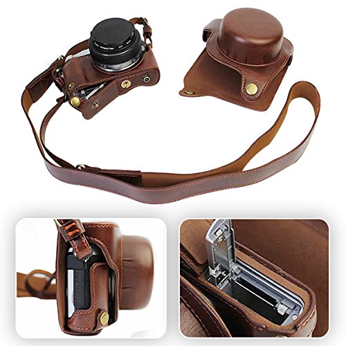 First2savvv Premium Qualität dunkeldunkelbraun Ganzkörper- präzise Passform PU-Leder Kameratasche Fall Tasche Cover für Panasonic Lumix DMC GF8 GF7 mit Kameragurt -XJD-GF8-HH10S10 - 3