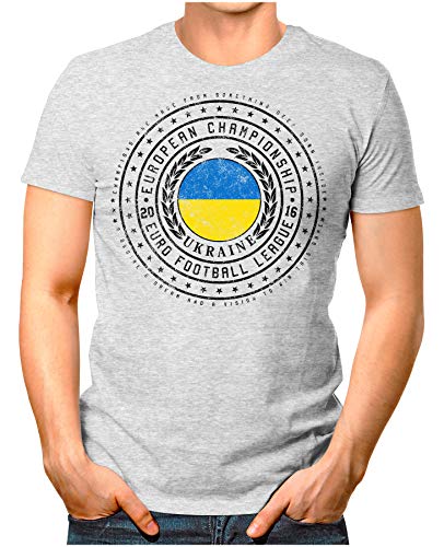 OM3® – Ukraine – Herren T-Shirt Ukrajina Wappen Fußball Trikot EM’16 WM Championship Vintage Grau Meliert S