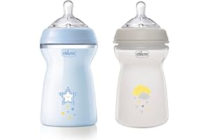Chicco Biberón Natural Feeling, 6 Meses + Biberón Anticólico 330 ml, Azul claro, 2 PIEZAS