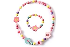 KSJEHW 2 Pezzi Gioielli Bambina, Bracciali Bambina, Set Di Gioielli Bambini in Legno, Collana E Bracciale Colorati, Regalo Per Compleanno, Feste E Accessori Costume(Fiore 2)
