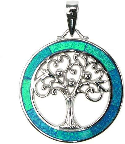 Kiara Jewellery 925 Sterling Silver Rhodium Plated Tree Of Life Pendant Necklace Set Within An Iridescent Blue Opal Circle On Italian 18" Diamond Cut Trace or Curb Chain.