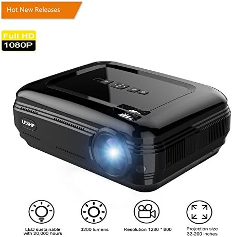 Video Projector, LESHP LCD Projector HD 1080P 3200 Luminous Movie Projector Support HDMI USB SD Card VGA AV for Home Cinema Theater TV Laptop Game SD iPad iPhone TV Box Android Smartphone (Black)