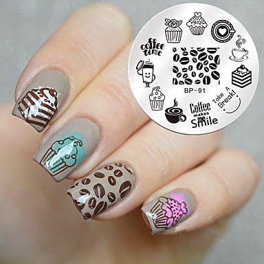 1 Pc Round 5.5cm Nail Stamp Template Dessert Coffee Time Design Cute Image